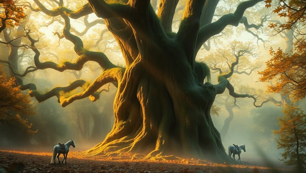 Mystical Forest of Bronze Light – free AI stock image