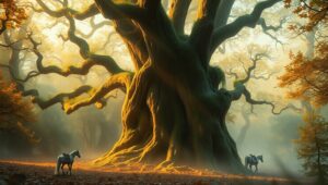 Mystical Forest of Bronze Light – free AI stock image