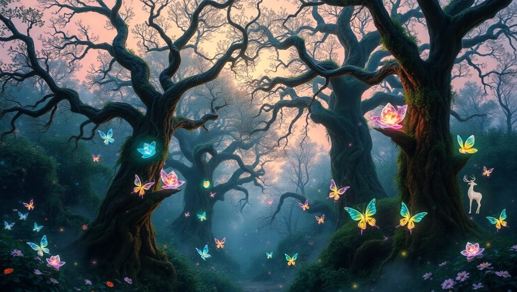 Mystical Forest of Glowing Crystals – free AI stock image