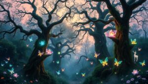 Mystical Forest of Glowing Crystals – free AI stock image