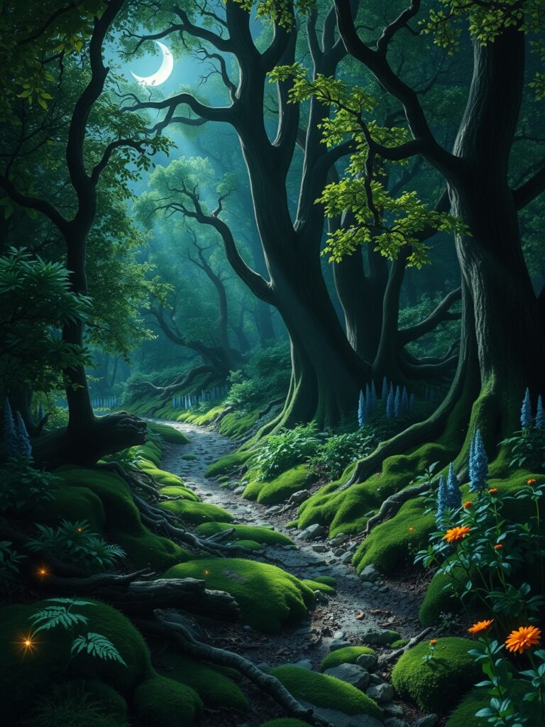 Mystical Forest Path Under Soft Moonlight – free AI stock image