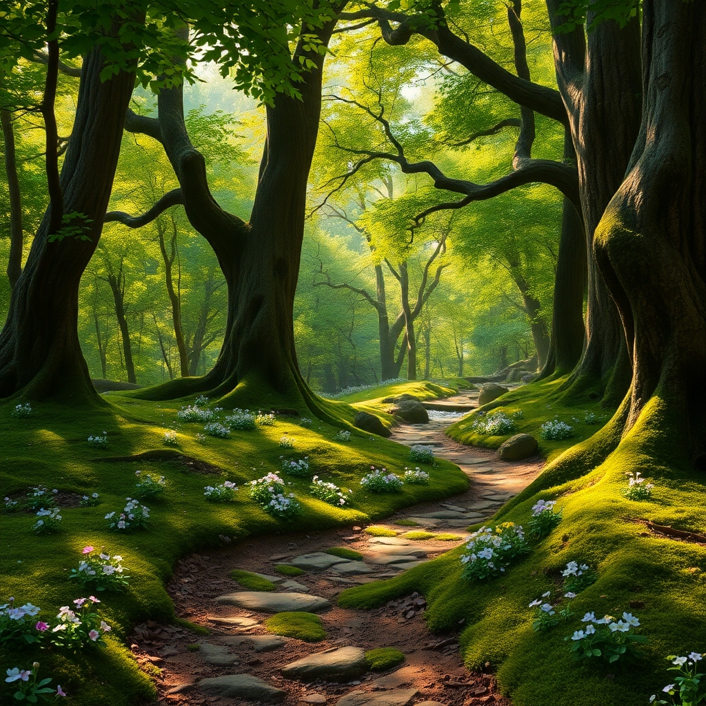 Mystical Forest Path with Soft Sunlight – free AI stock image