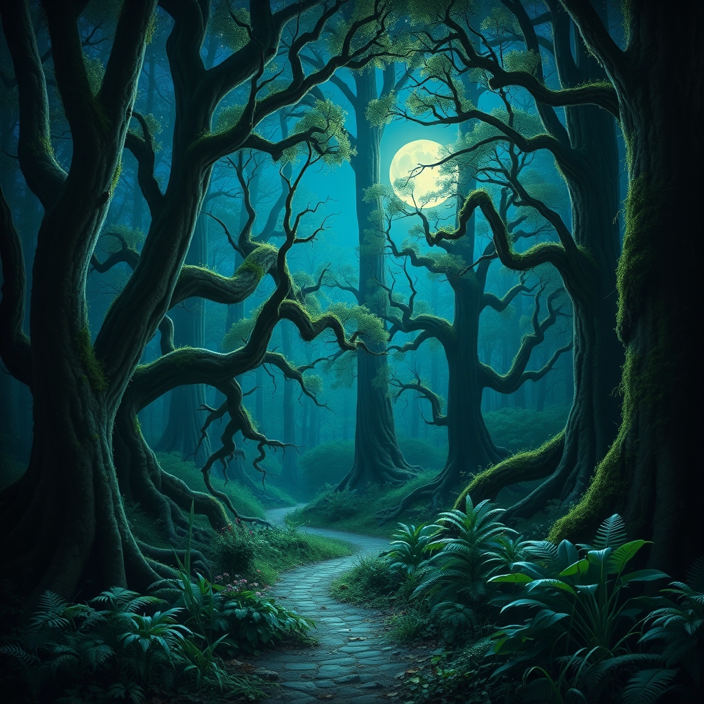 Mystical Forest Under a Shimmering Moonlight – free AI stock image