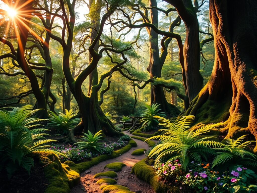 Mystical Forest Under Soft Morning Light – free AI stock image