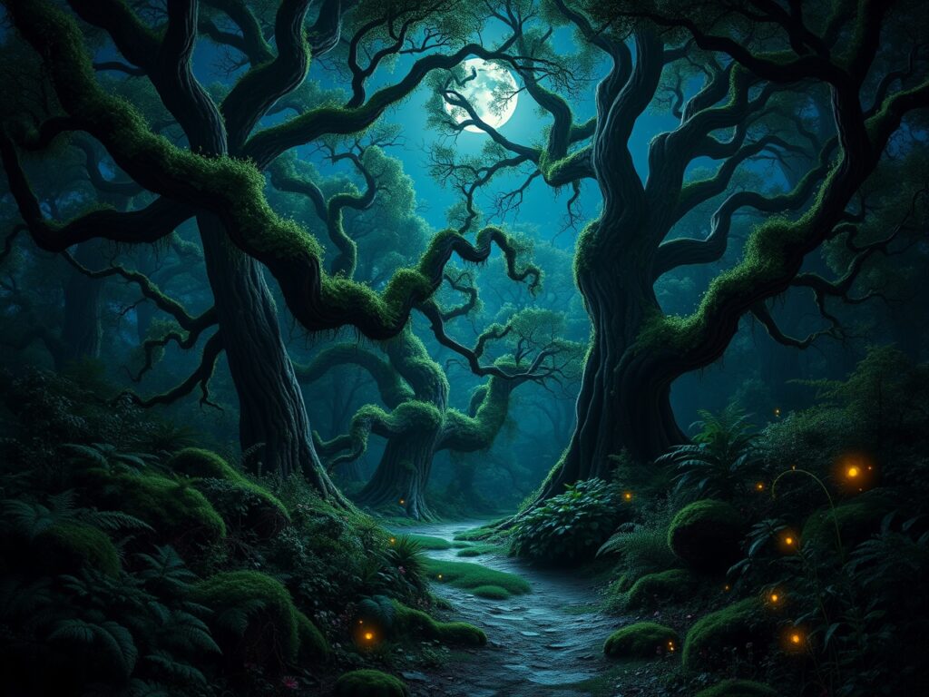 Mystical Forest Under Twinkling Stars – free AI stock image