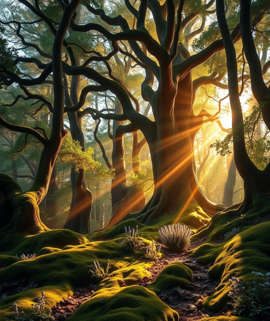 Mystical Forest with Enchanted Light Beams – free AI stock image