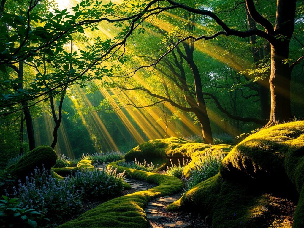 Mystical Forest with Enchanted Light Rays – free AI stock image