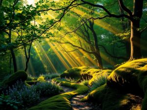 Mystical Forest with Enchanted Light Rays – free AI stock image