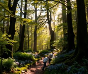 Mystical Forest with Ethereal Light Beams – free AI stock image
