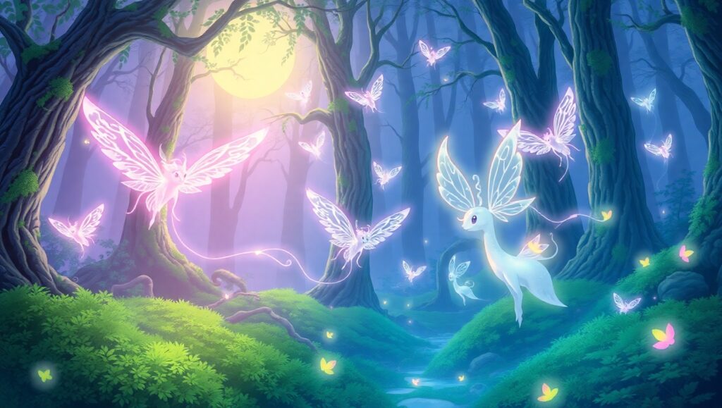 Mystical Forest with Glowing Creatures – free AI stock image