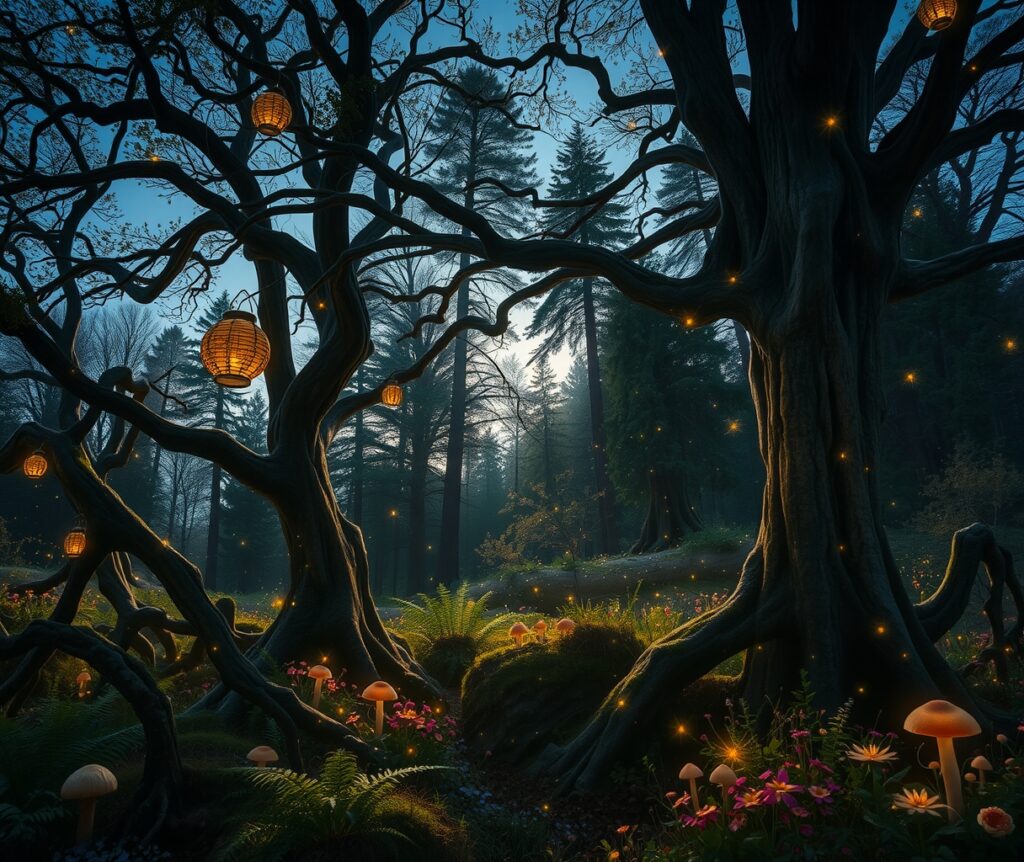 Mystical Forest with Glowing Fireflies – free AI stock image