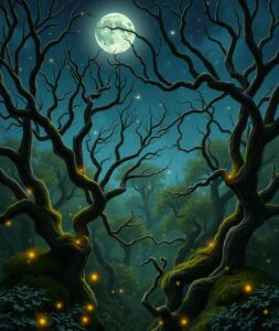 Mystical Forest with Glowing Fireflies – free AI stock image