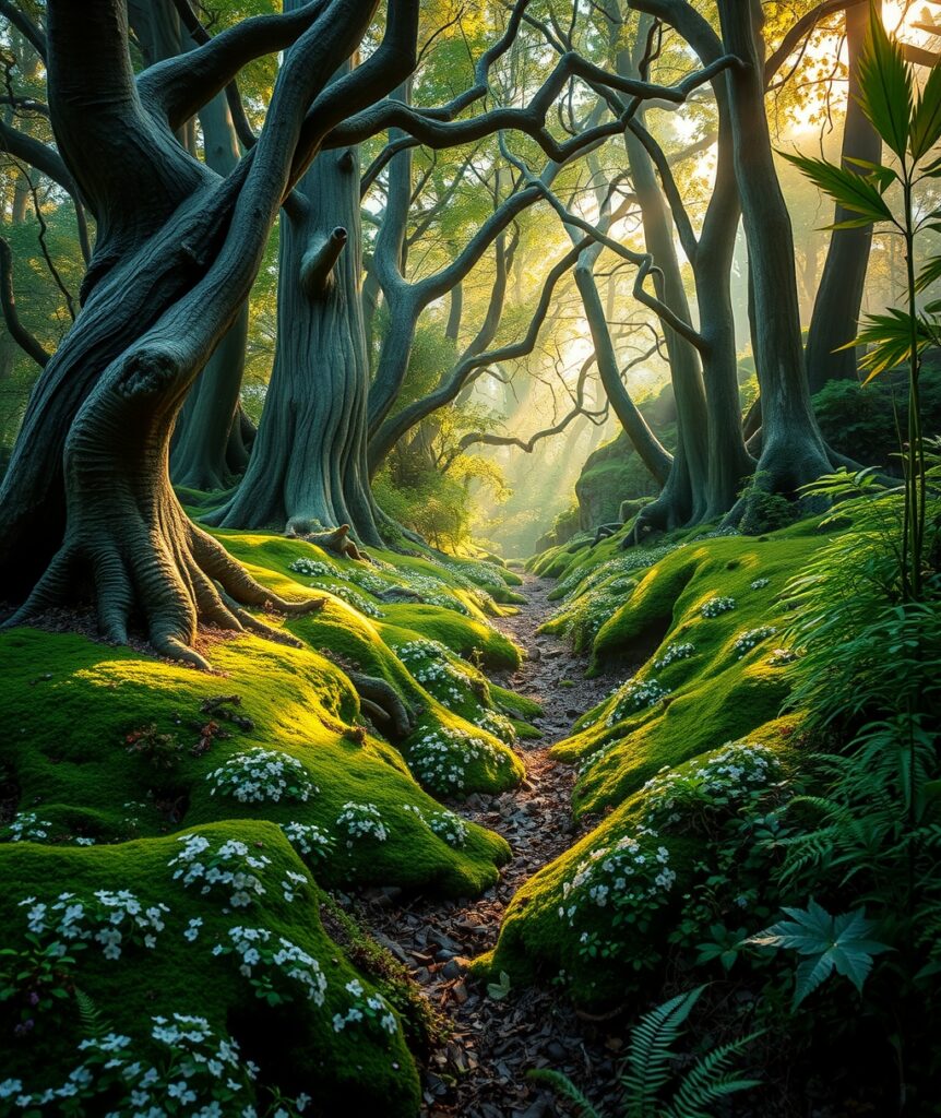 Mystical Forest with Glowing Moss – free AI stock image