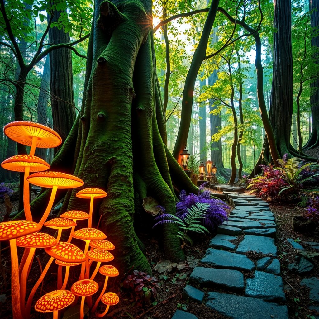 Mystical Forest with Glowing Mushrooms – free AI stock image