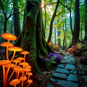 Mystical Forest with Glowing Mushrooms – free AI stock image