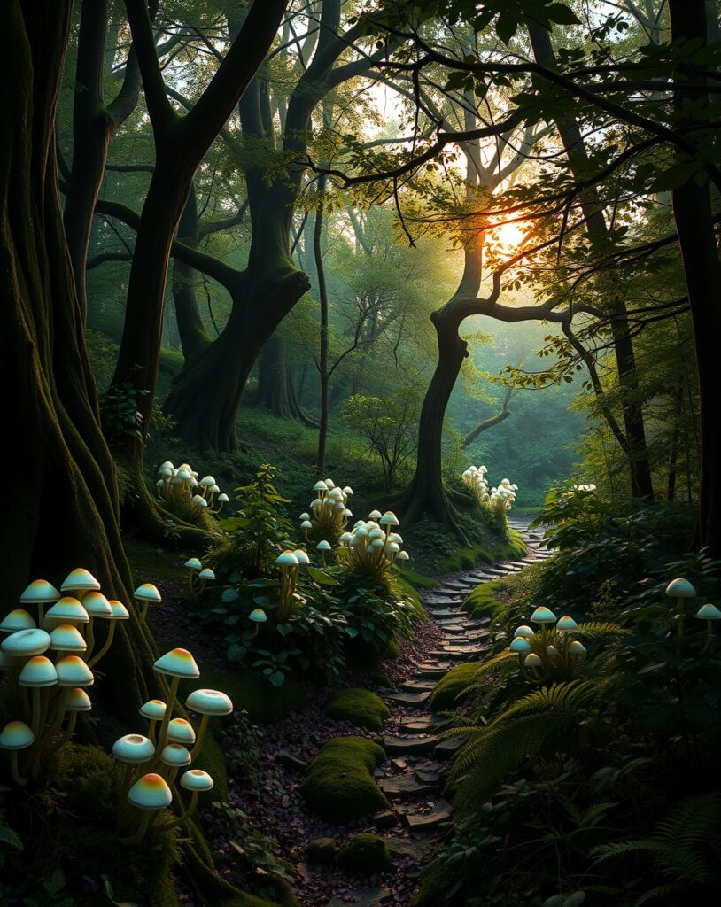 Mystical Forest with Glowing Mushrooms – free AI stock image