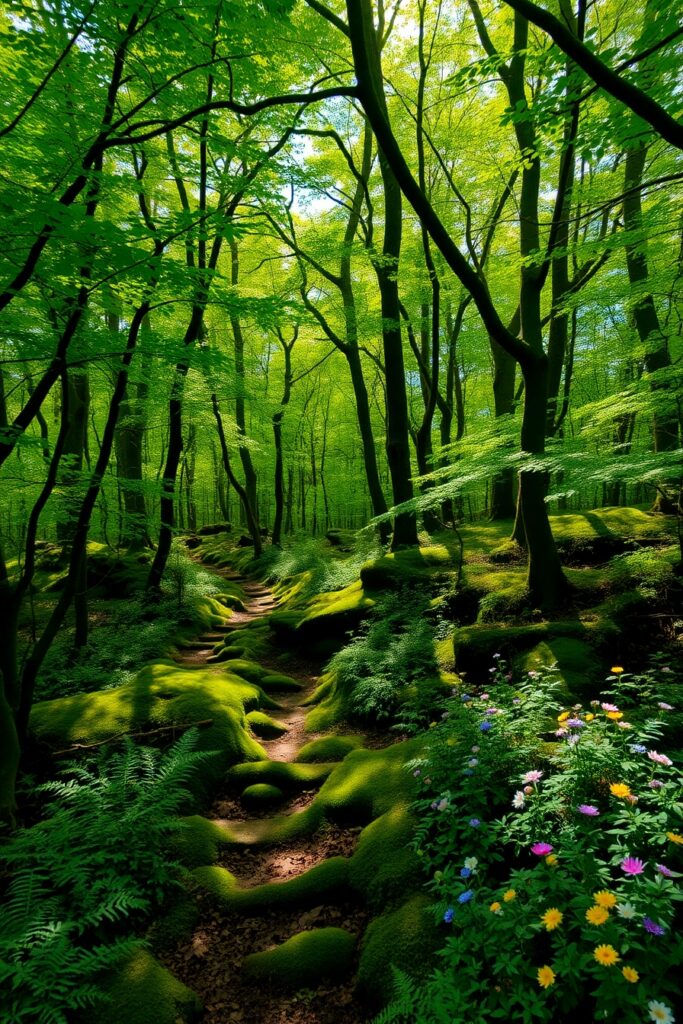 Mystical Forest with Lush Green Canopy – free AI stock image