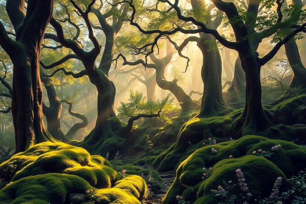 Mystical Forest with Lush Green Canopy – free AI stock image