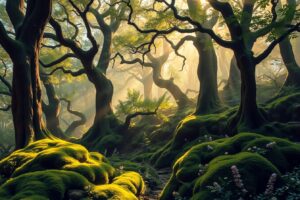 Mystical Forest with Lush Green Canopy – free AI stock image