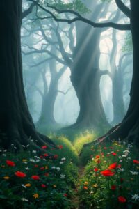 Mystical Forest with Lush Greenery and Fog – free AI stock image