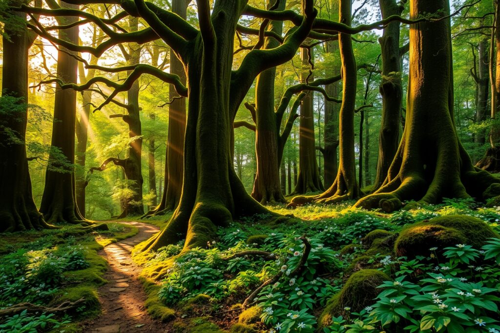 Mystical Forest with Lush Greenery and Sunlight – free AI stock image