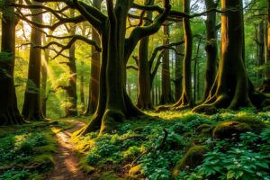 Mystical Forest with Lush Greenery and Sunlight – free AI stock image
