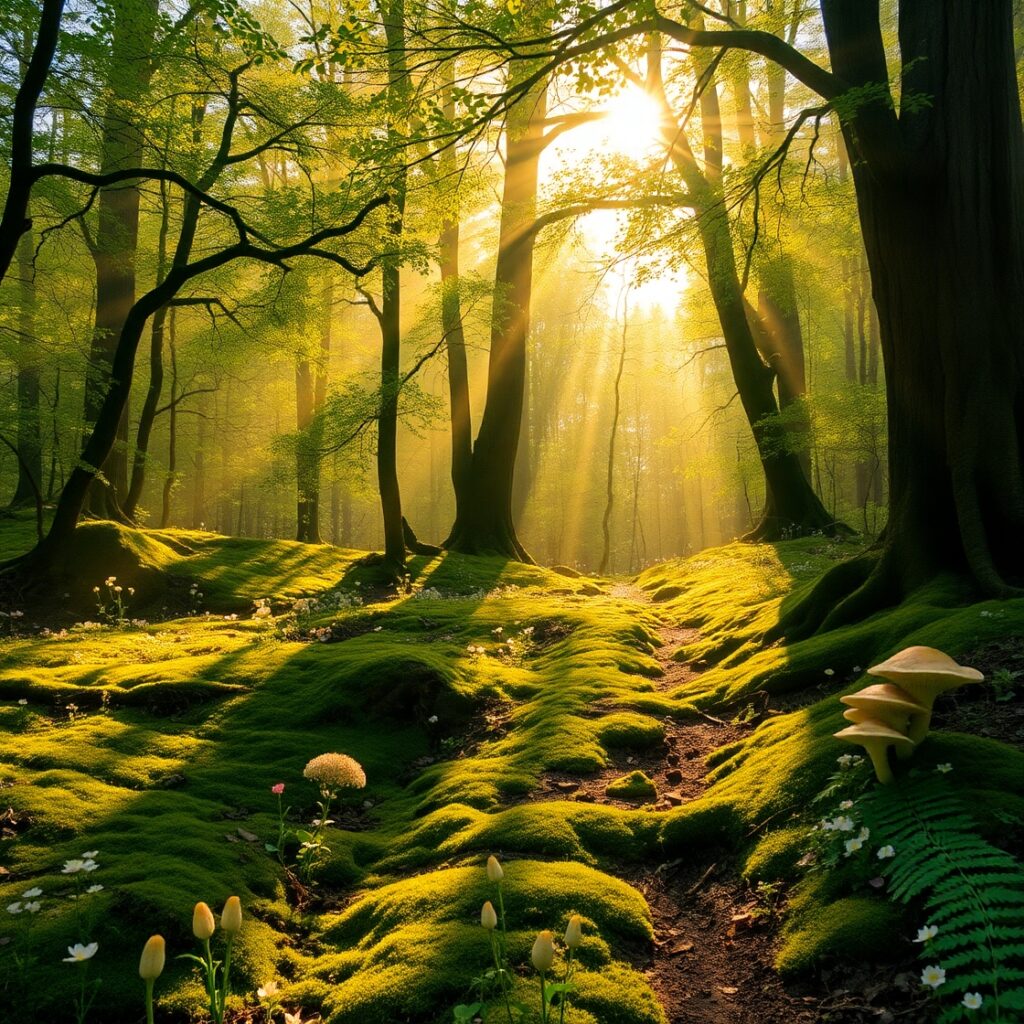 Mystical Forest with Soft Sunlight Beams – free AI stock image
