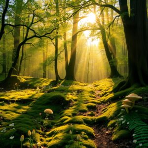 Mystical Forest with Soft Sunlight Beams – free AI stock image