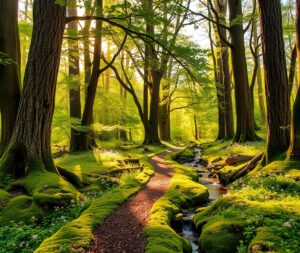 Mystical Forest with Sunlight Beaming Through – free AI stock image