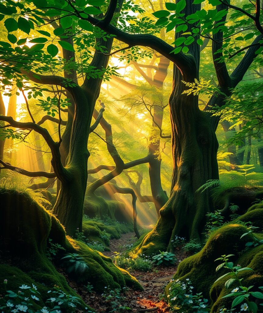 Mystical Forest with Sunlight Beaming Through Trees – free AI stock image