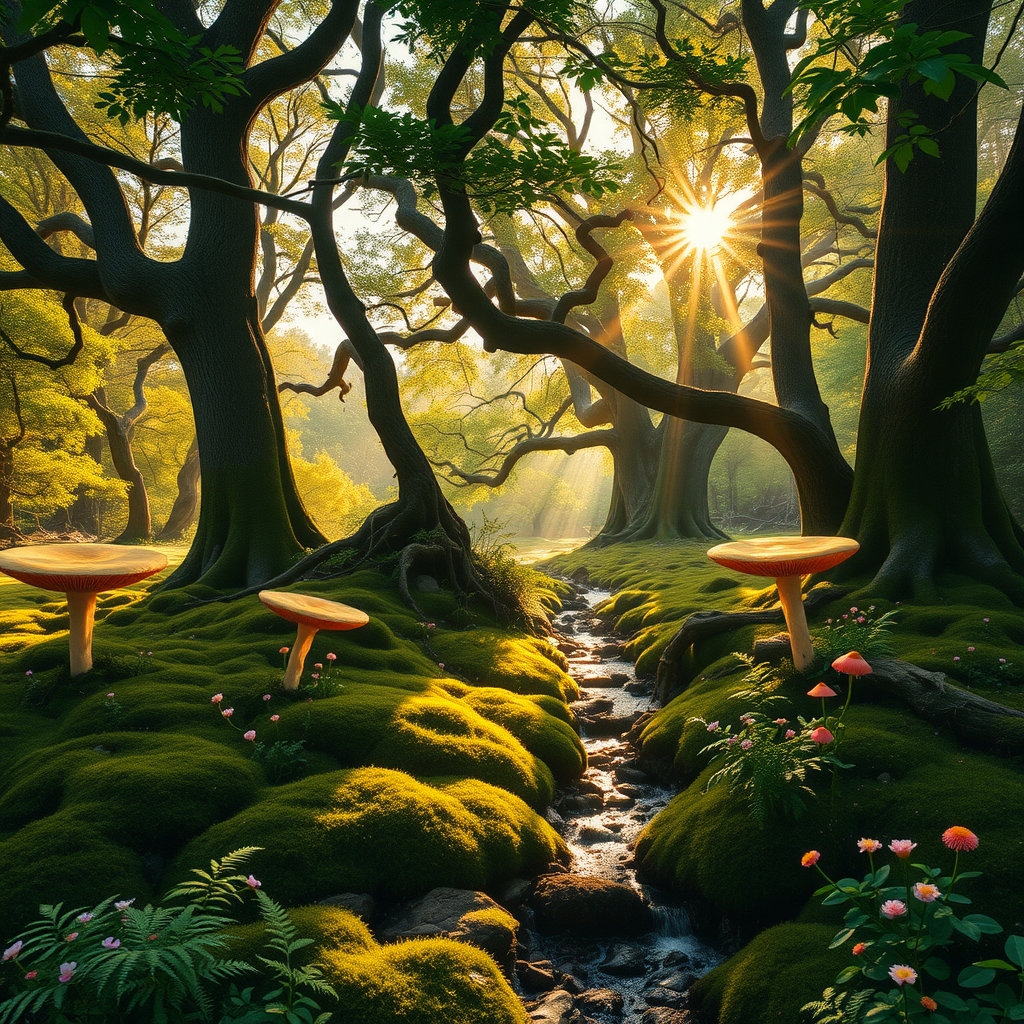 Mystical Forest with Sunlight Beams – free AI stock image