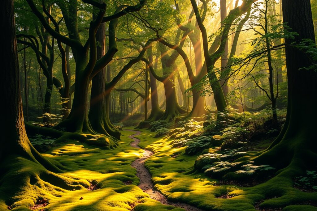Mystical Forest with Sunlight Filtering Through – free AI stock image