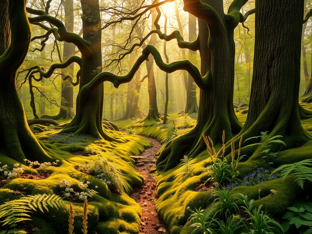 Mystical Forest with Sunlight Filtering Through – free AI stock image