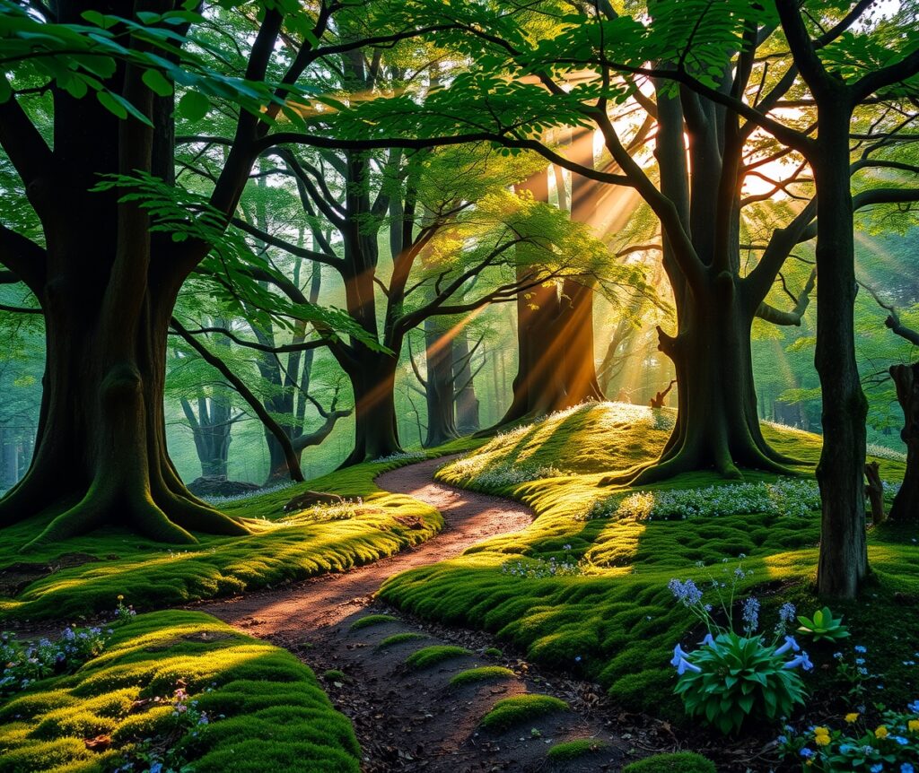 Mystical Forest with Sunlight Filtering Through – free AI stock image