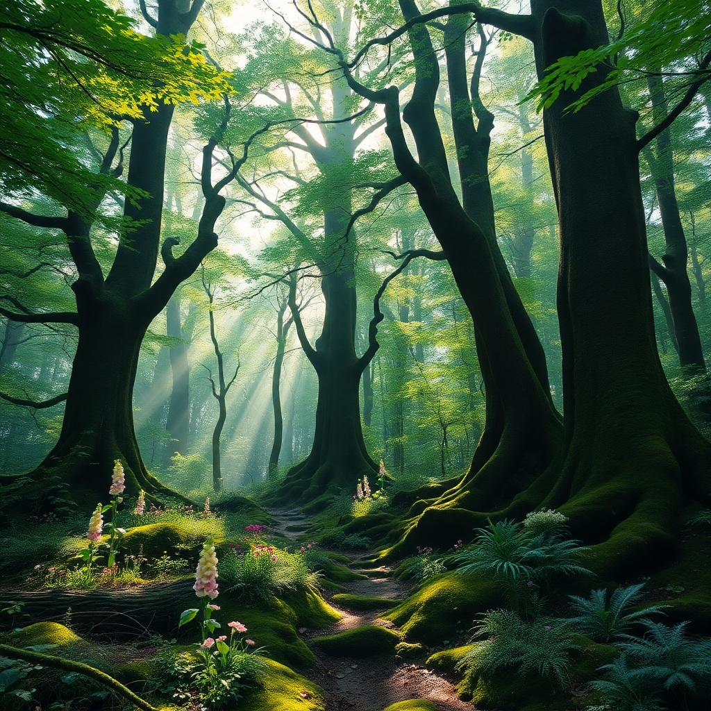 Mystical Forest with Sunlight Filtering Through – free AI stock image
