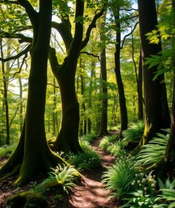 Mystical Forest with Sunlight Filtering Through Trees – free AI stock image