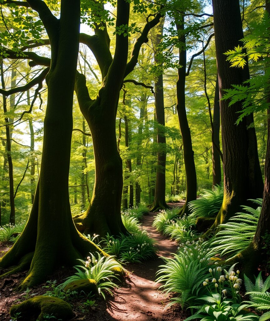 Mystical Forest with Sunlight Filtering Through Trees – free AI stock image