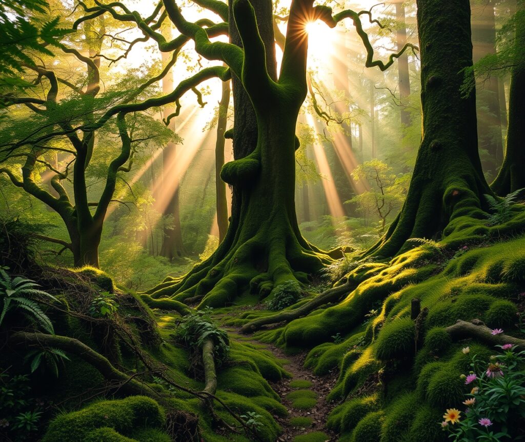 Mystical Forest with Sunlight Filtering Through Trees – free AI stock image