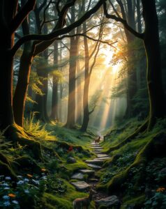 Mystical Forest with Sunlight Filtering Through Trees – free AI stock image