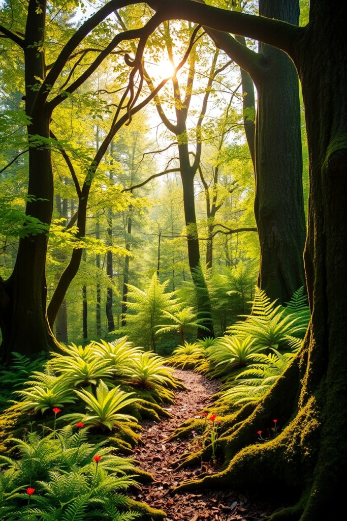 Mystical Forest with Sunlight Filtering Through Trees – free AI stock image
