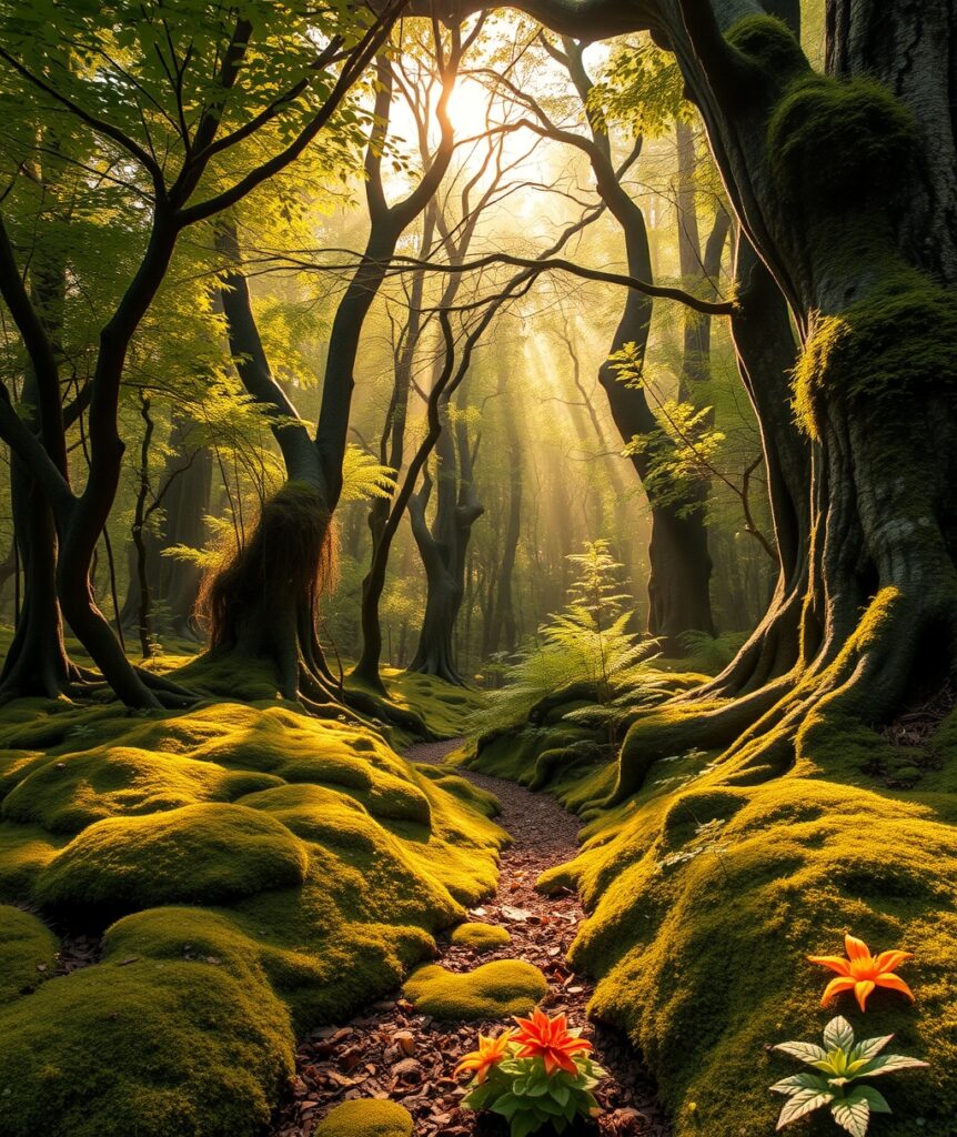 Mystical Forest with Sunlight Streaming Through – free AI stock image