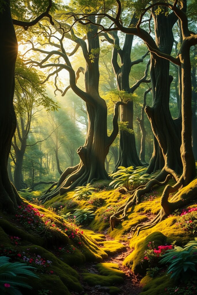 Mystical Forest with Whispering Trees and Light – free AI stock image