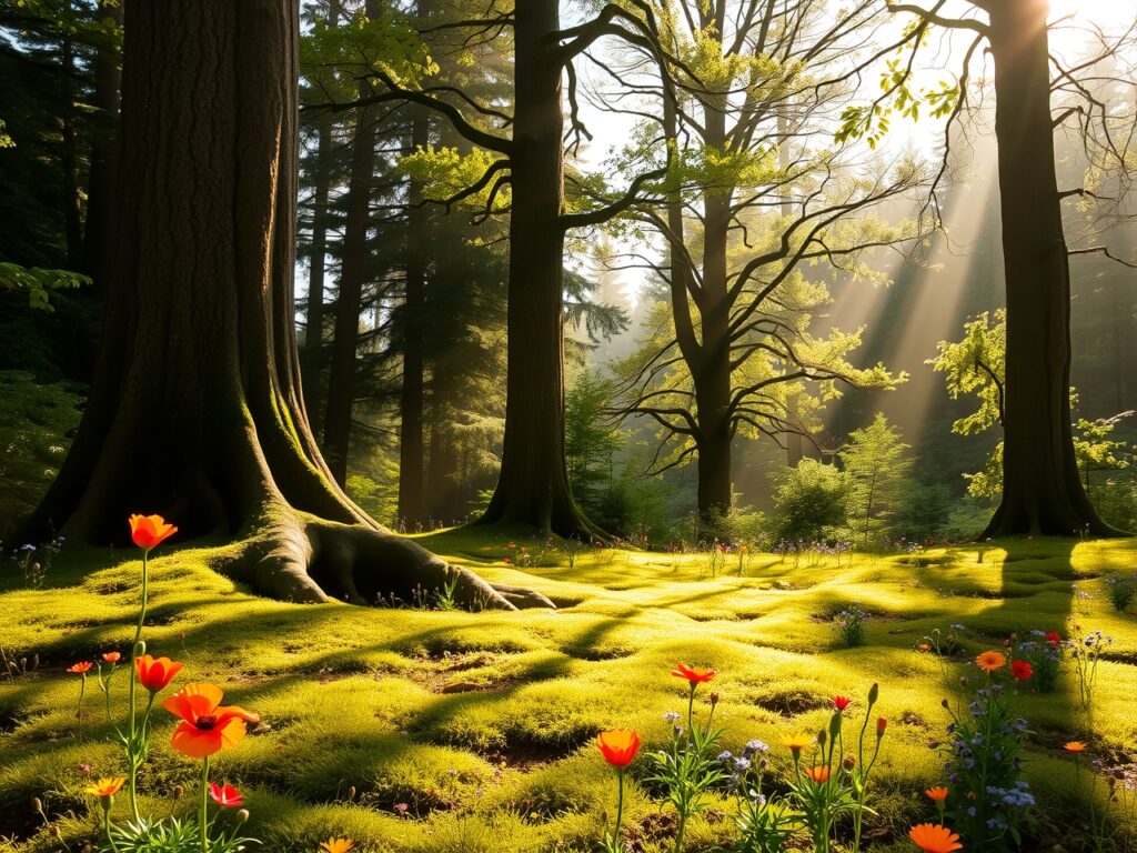 Mystical Glade Under Dappled Sunlight – free AI stock image