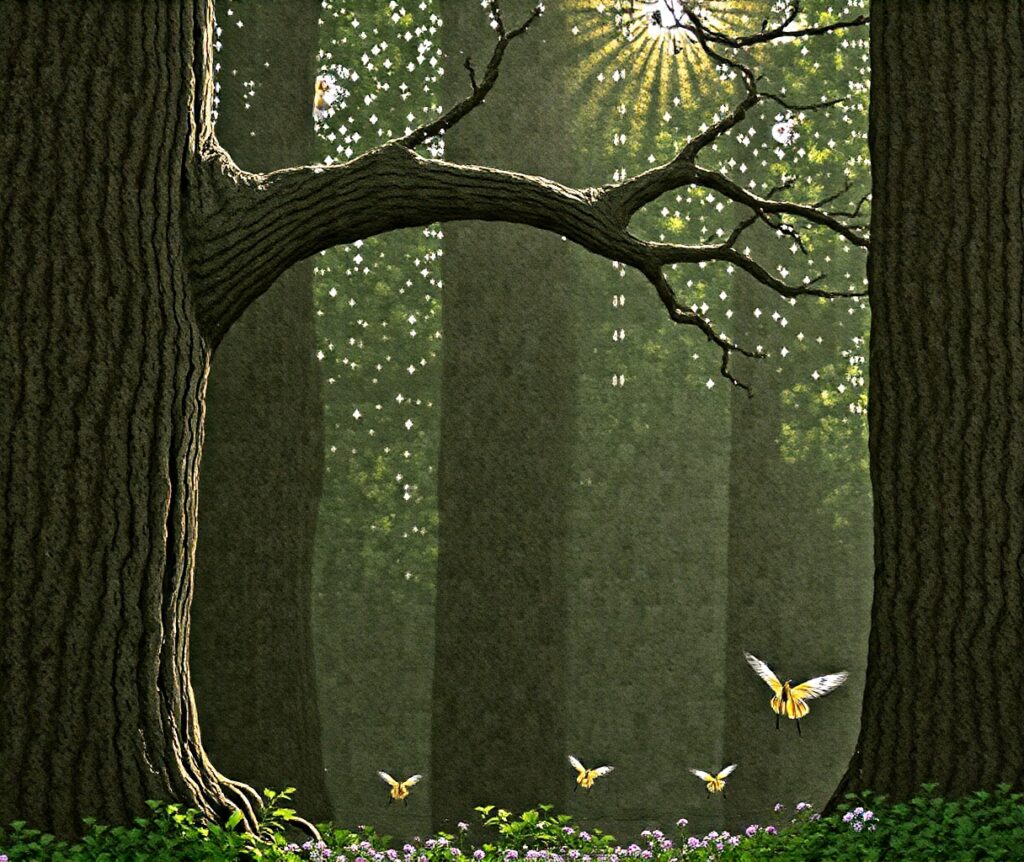 Mystical Glade with Ancient Trees – free AI stock image