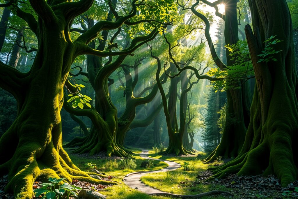 Mystical Green Forest with Sunlit Path – free AI stock image