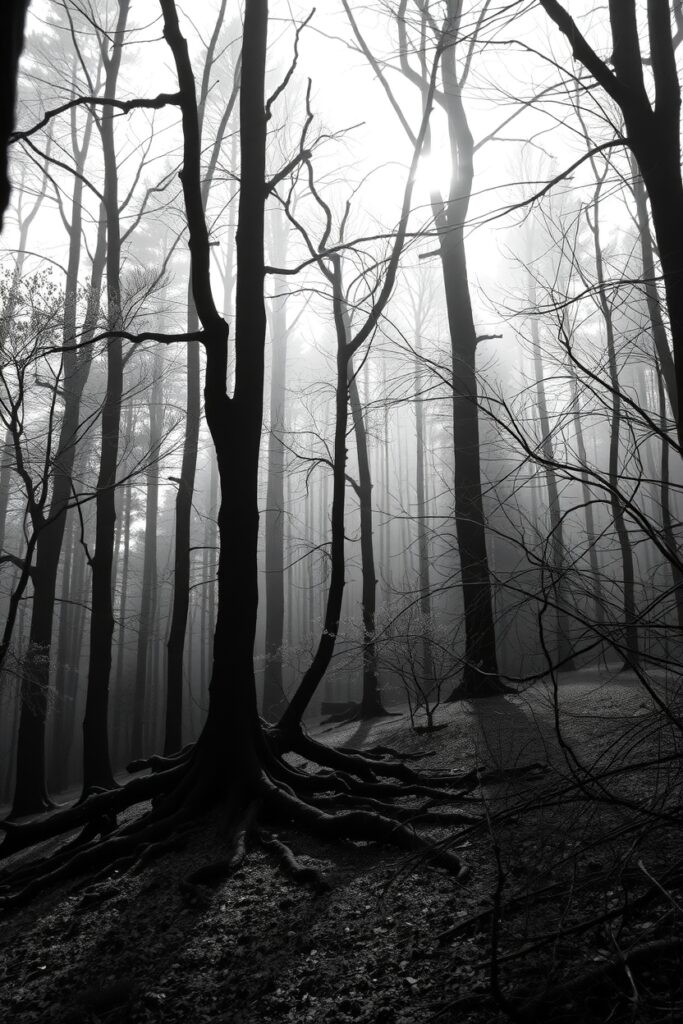 Mystical Monochrome Forest at Dawn – free AI stock image