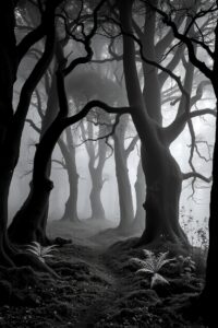 Mystical Monochrome Forest Landscape – free AI stock image