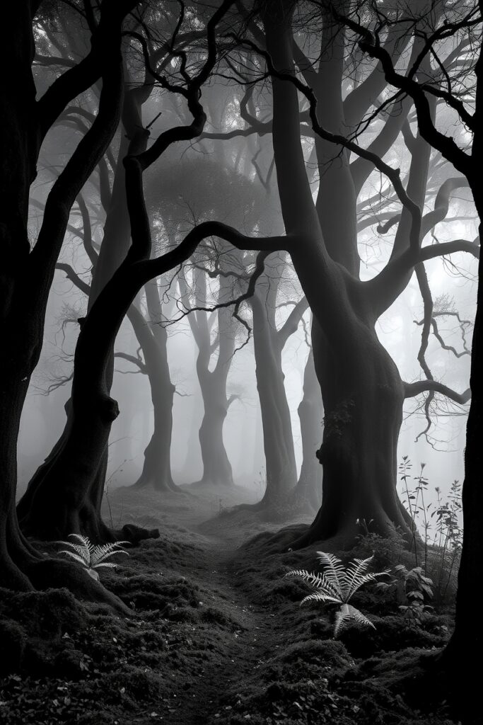 Mystical Monochrome Forest Landscape – free AI stock image