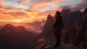 Mystical Mountain Sunset Adventure – free AI stock image