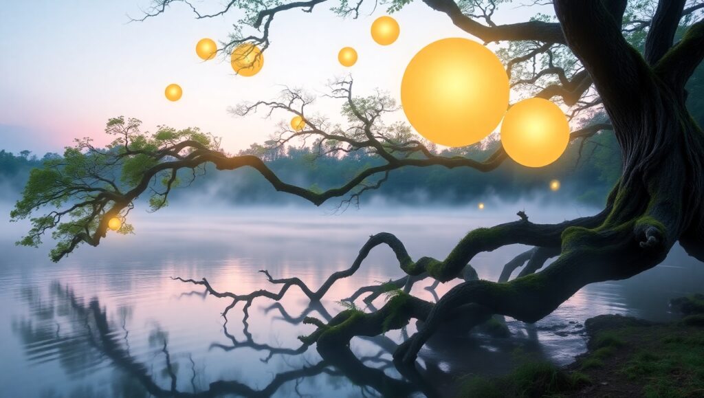 Mystical Orbs Over Tranquil Waters – free AI stock image